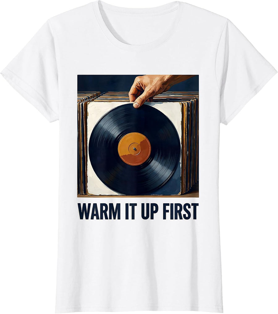 Women's Warm It Up First Gouache DJ Vinyl Record Sleeve Turntable T-Shirt - White