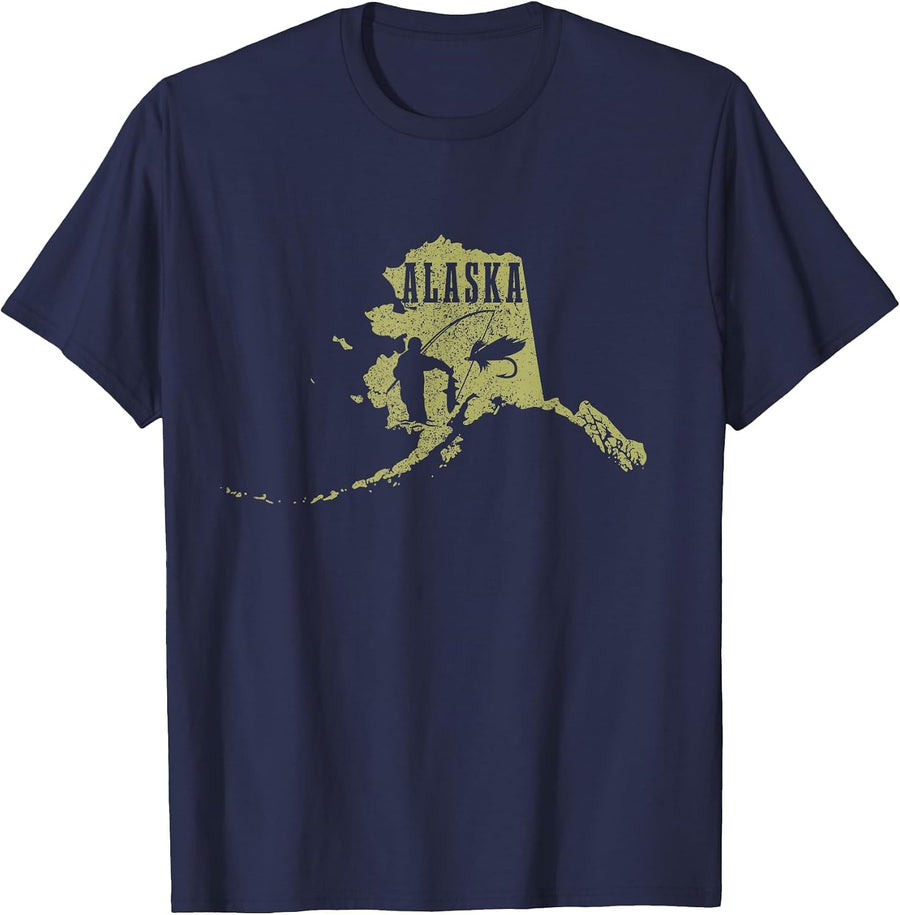 Alaska Fly Fishing Vintage State Map Trout Salmon Fisherman T-Shirt - Navy Blue