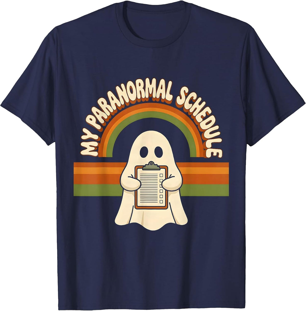 Men's My Para Normal Schedule Retro 70s Ghost Halloween Para T-Shirt - Navy Blue