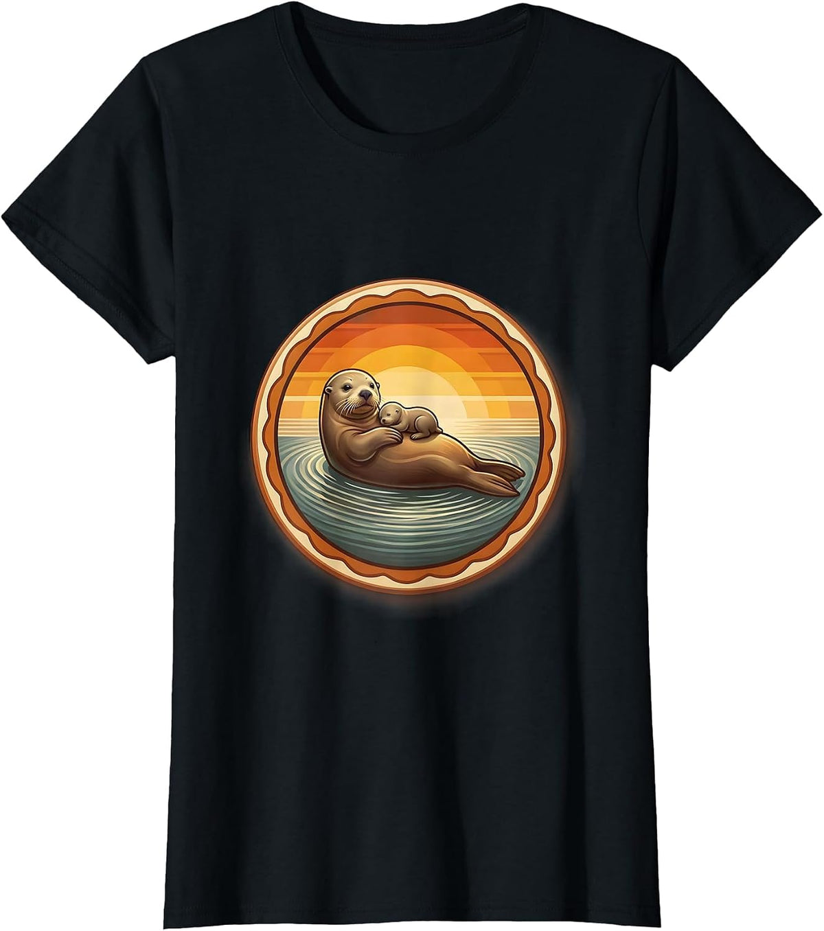 Mama Sea Otter Floating With Pup Graphic T-Shirt - Black