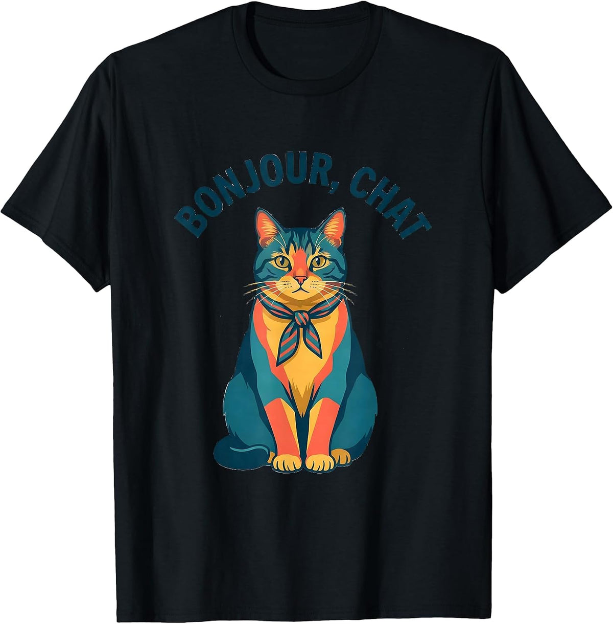 Men's Bonjour, Chat Funny Francophile Cat Owner French Teacher T-Shirt - Black