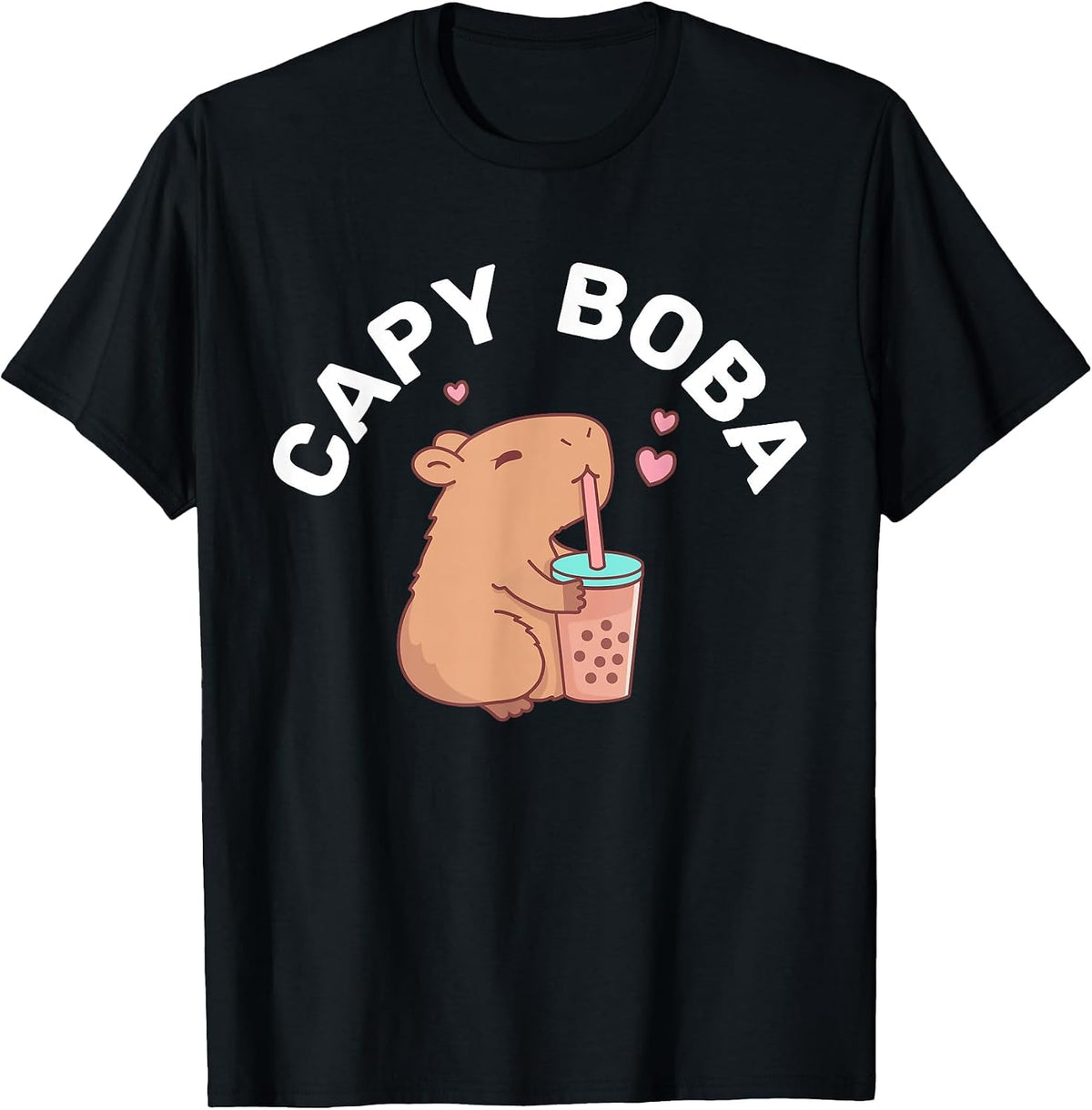 Funny Capybara Rodent, Capyboba Boba Milk Tea T-Shirt - Black