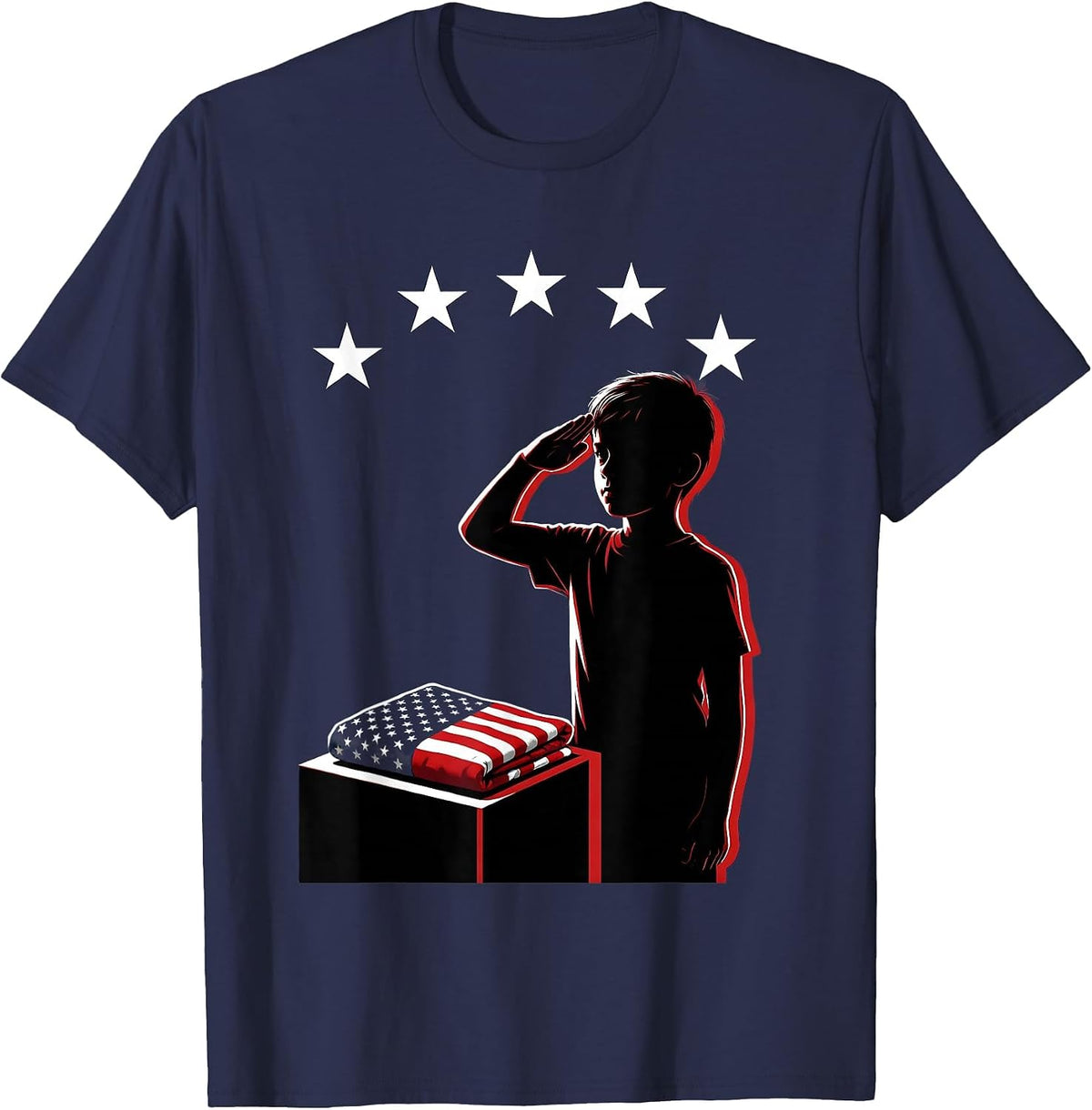 Kids Patriot Day Saluting Boy Folded Flag Design T-Shirt - Navy Blue