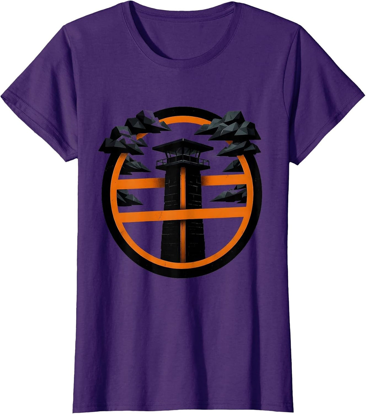 Women's Guard Tower Silhouette Stormy Night Design T-Shirt - Purple