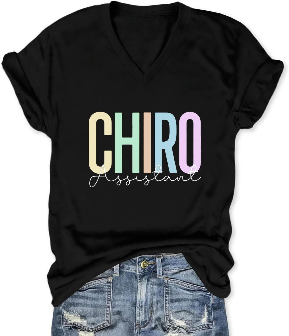 Womens Chiropractic Assistant Tops Short Sleeve V Neck Basic Tees Chiropractor T Shirts Physical Therapy Clothes - Black