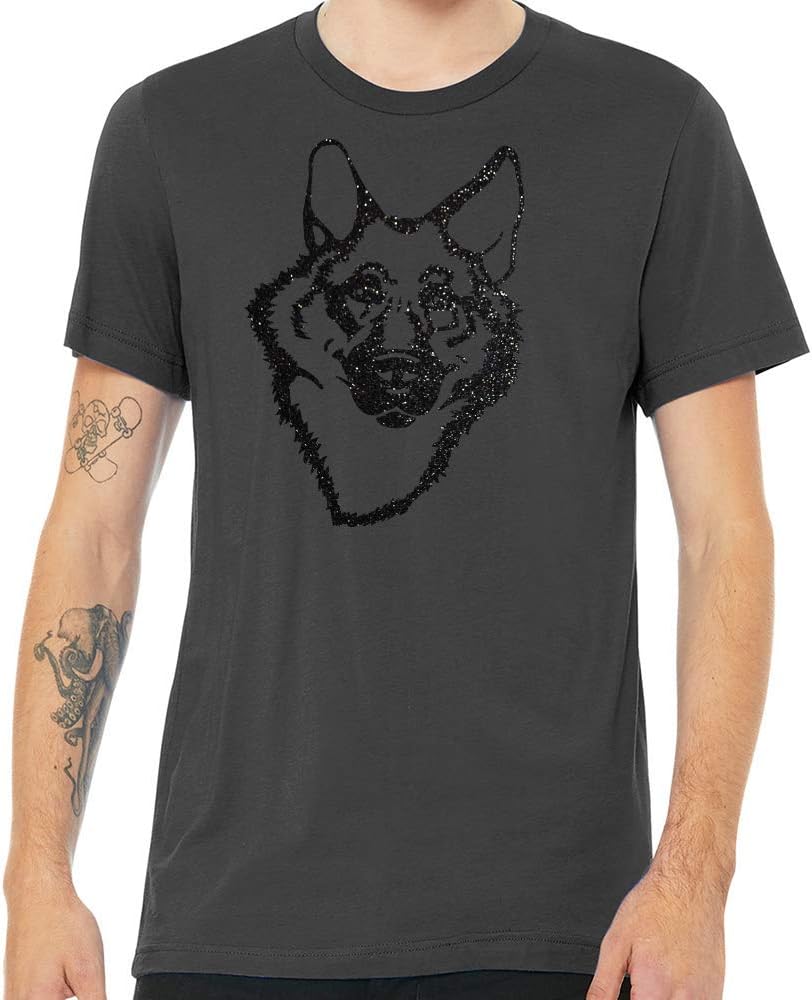 Dogline Unisex German Shepherd Dog Lovers Glitter Graphic Tee Shirt - Asphalt