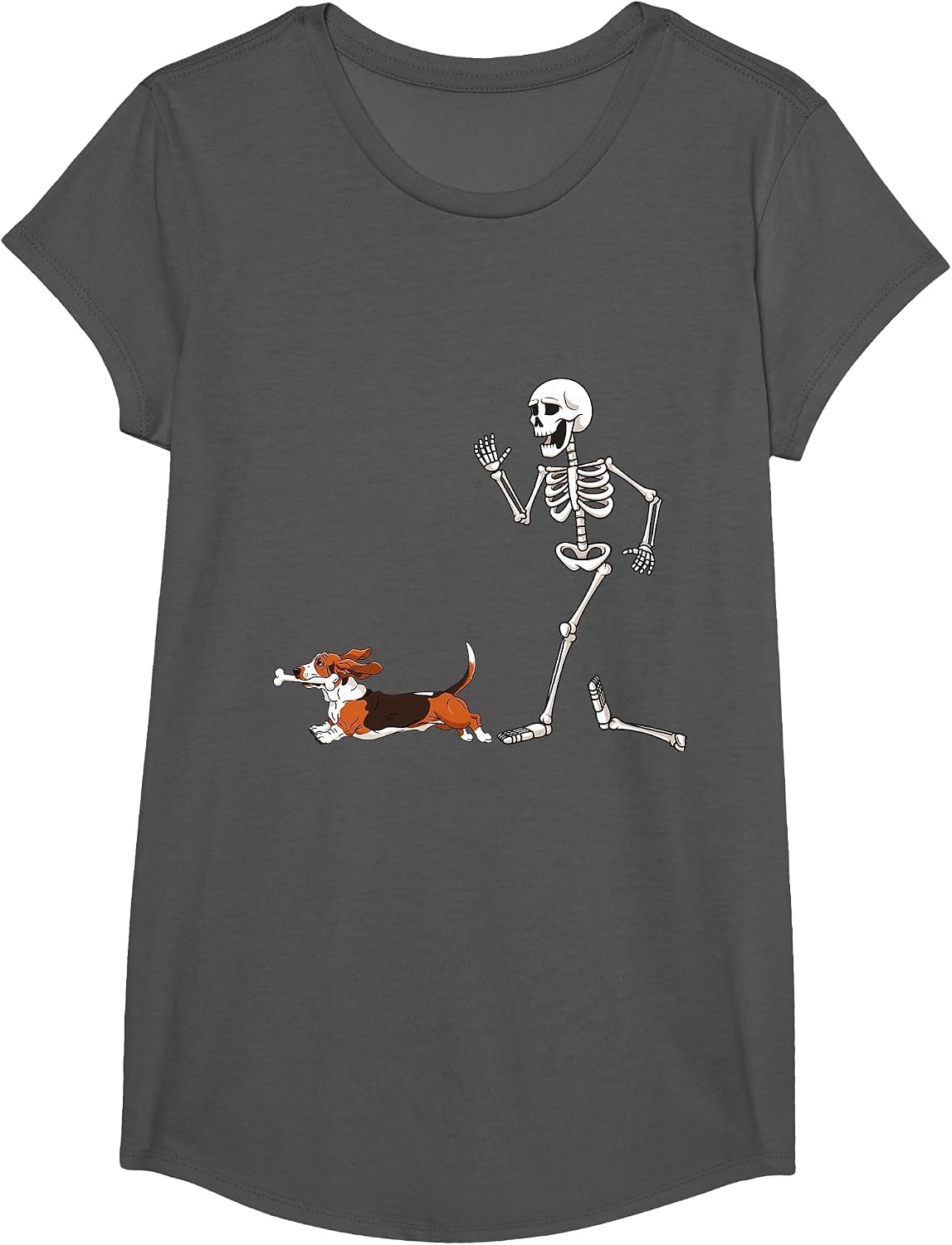 Funny Halloween Basset Hound and Skeleton T-Shirt - Girls Asphalt Grey