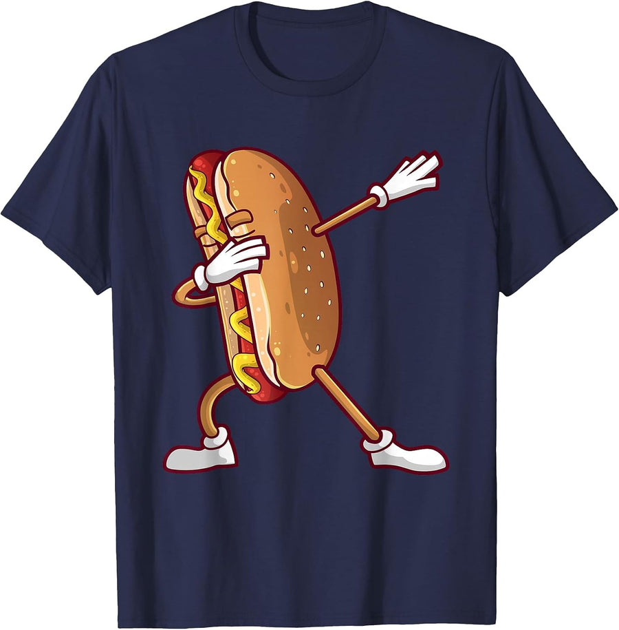 Cute Dabbing Hot Dog Design for Kids Men Women Dancing Food T-Shirt - Navy Blue