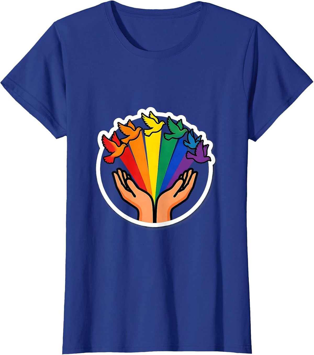 Women's Rainbow Doves Gay Pride Hands Release Illustration T-Shirt - Royal Blue