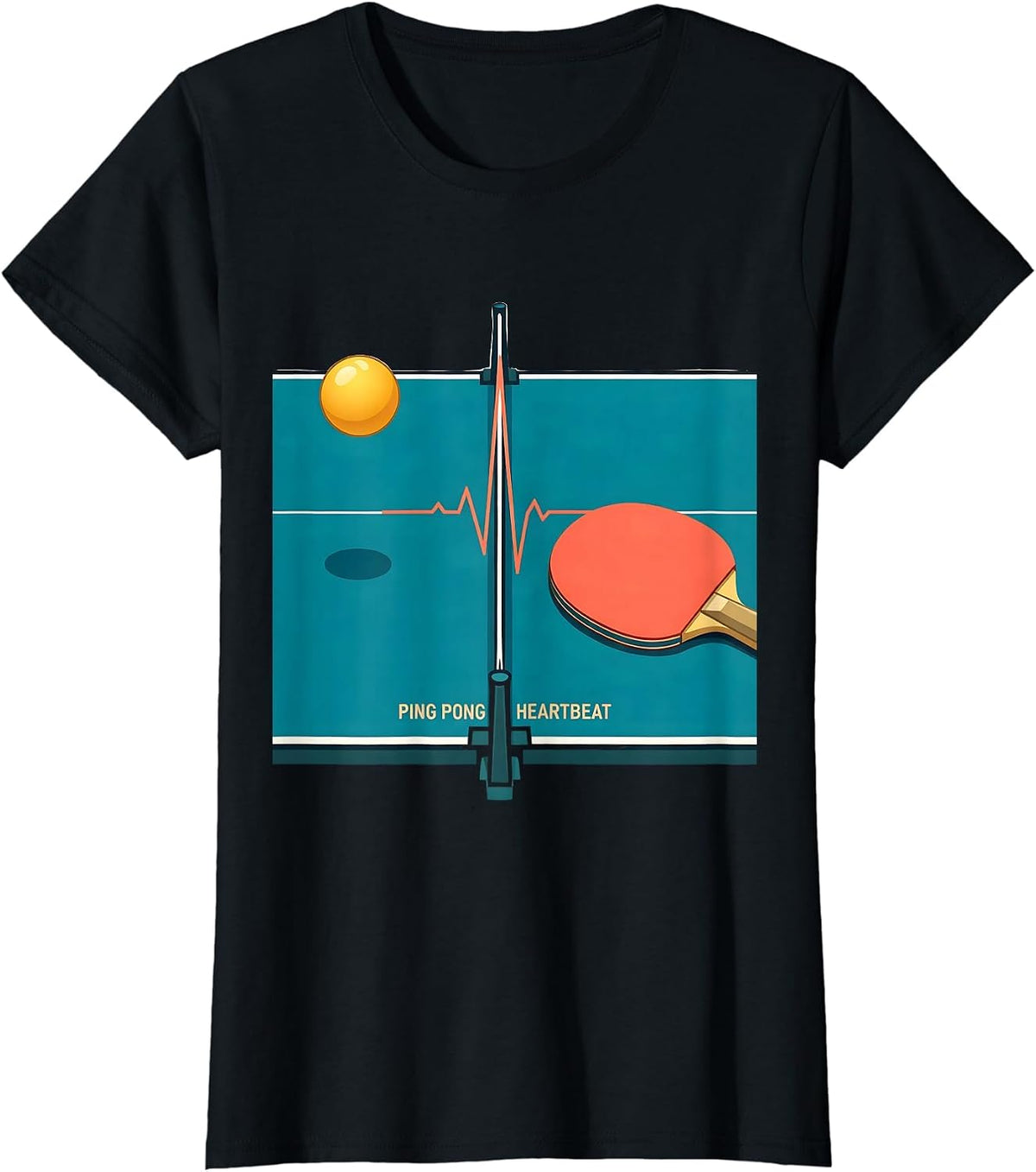Women's Ping Pong Heartbeat Flat Vector Ping Pong Lover Humor T-Shirt - Black