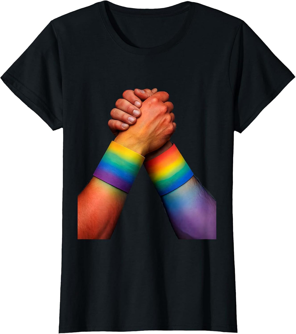 Rainbow Wristband Clasped Hands Pride Graphic T-Shirt - Black