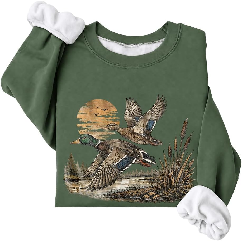 Fleece Lined Mallard Duck Sweatshirt Camo Hunting Season Duck Sweatshirts - Fleece Lined Green-3