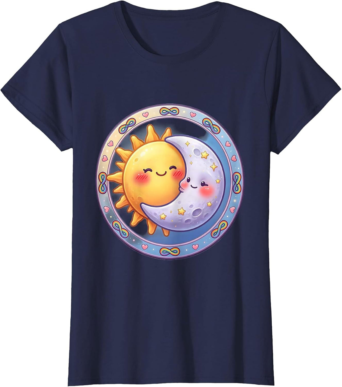 Women's Autism Awareness Sun and Moon Shared Orbit Design T-Shirt - Navy Blue