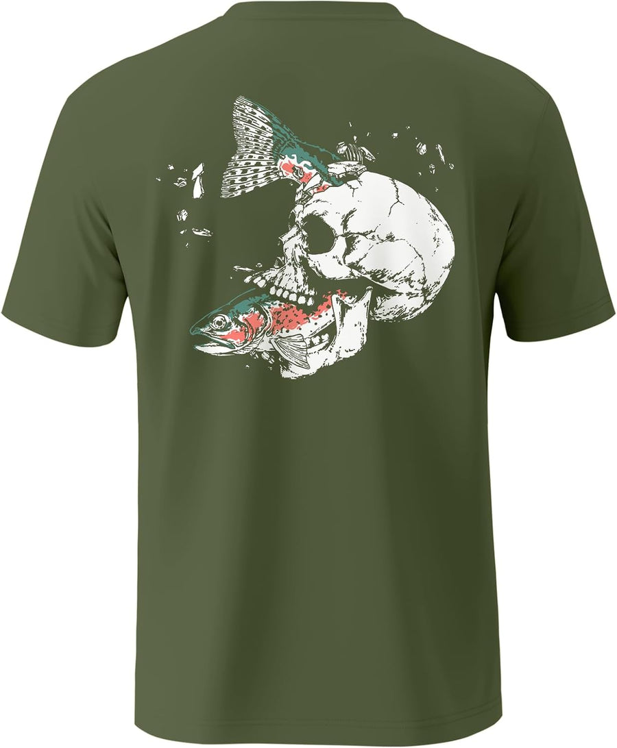 Palmyth Fishing Shirt for Men Short Sleeve UPF 50+ Sun Tee with Pocket - Military \/ Skull Trout