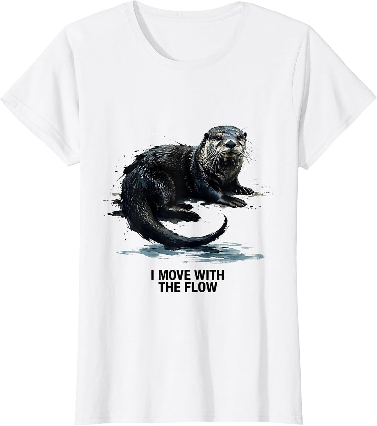 I Move With The Flow Ink Brush Sea Otter Nature Humor T-Shirt - White