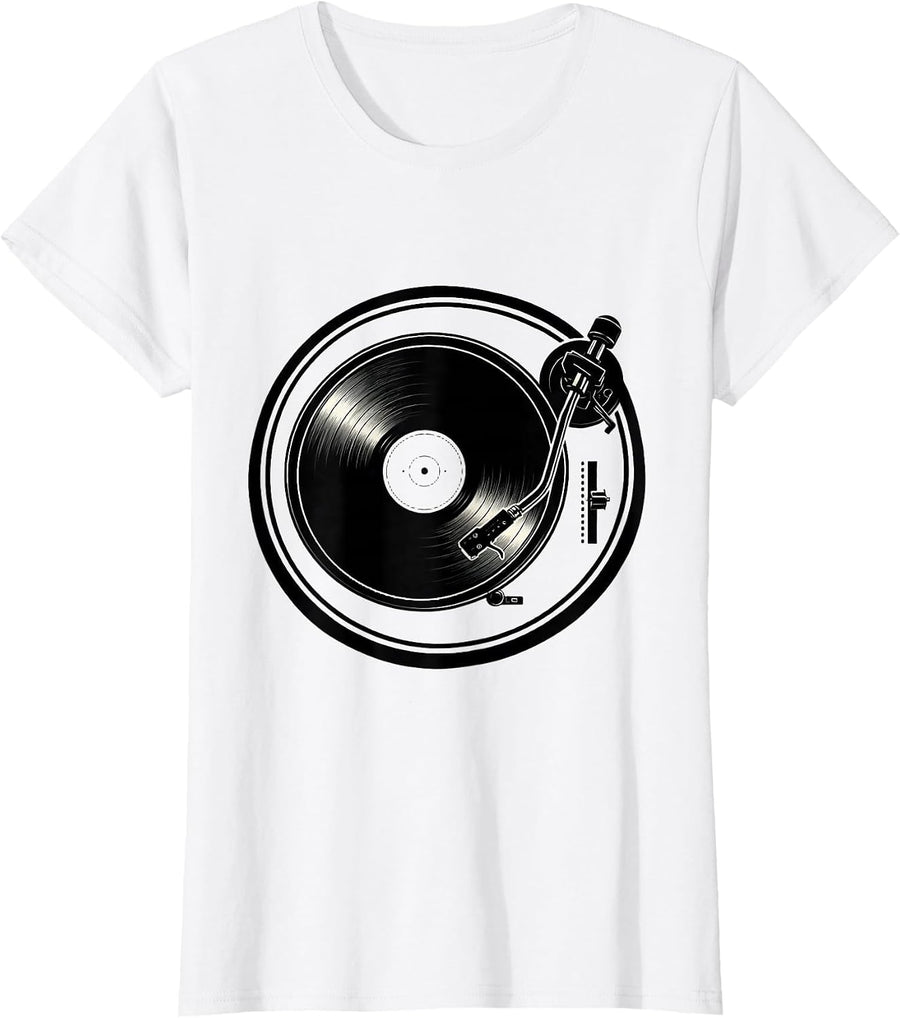Women's Vintage Turntable Spinning Vinyl Record Illustration T-Shirt - White