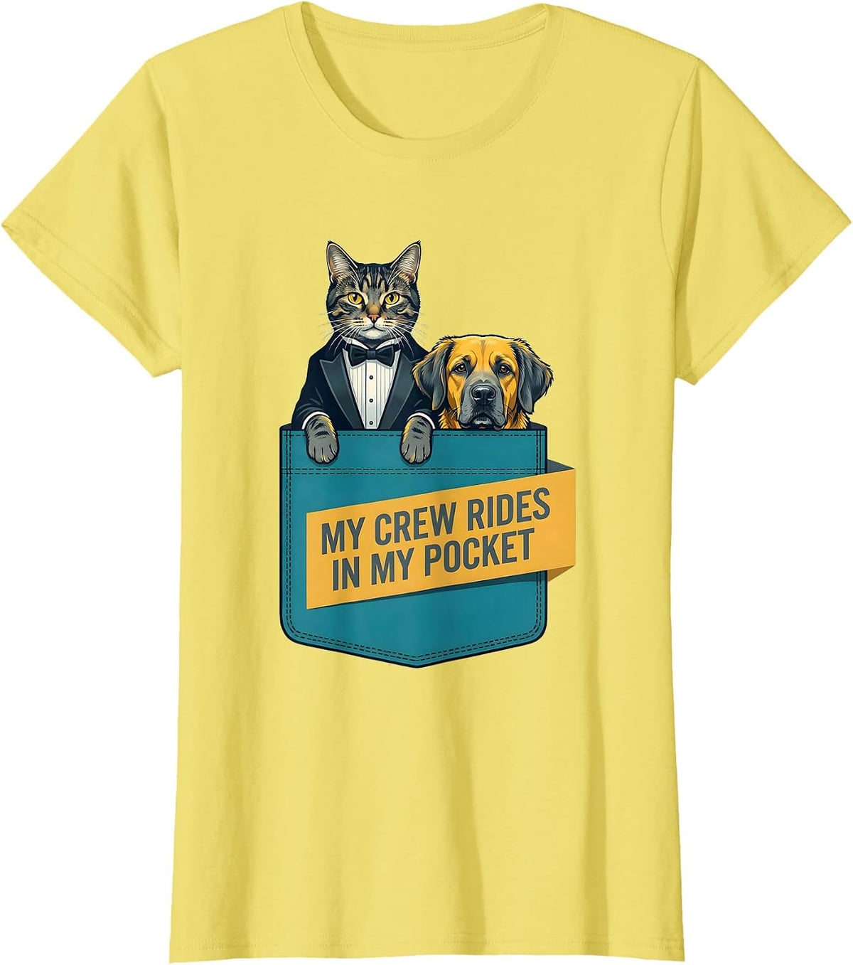 My Crew Rides In My Pocket Playful Cat And Dog Pet Lover T-Shirt - Lemon Yellow