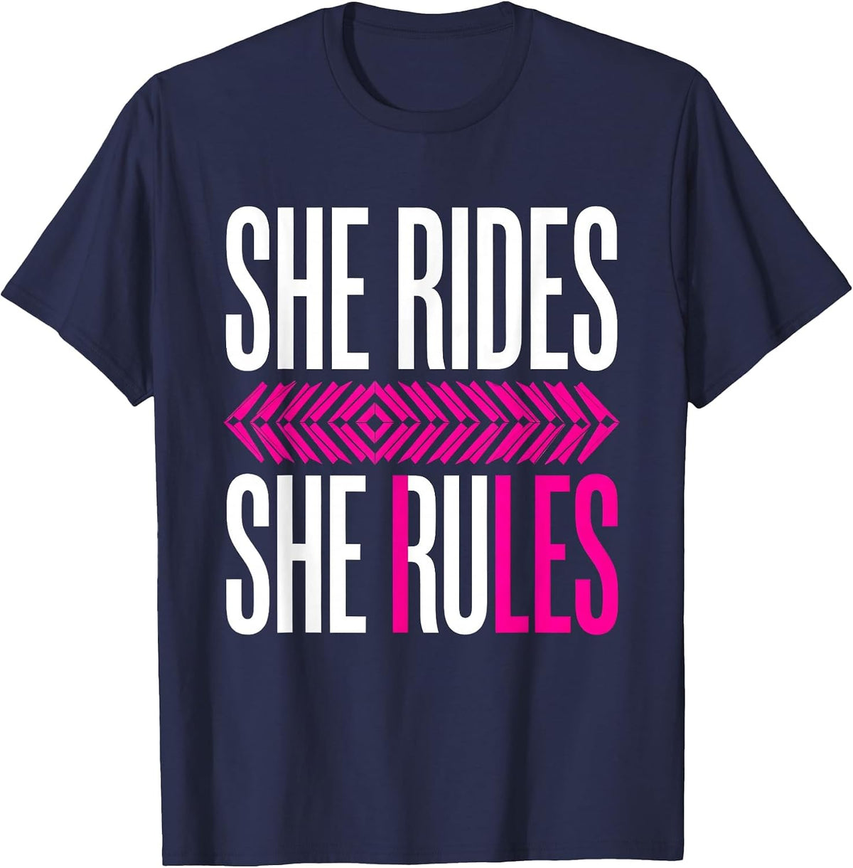 She Rides She Rules Motorcycle Design T-Shirt - Navy Blue