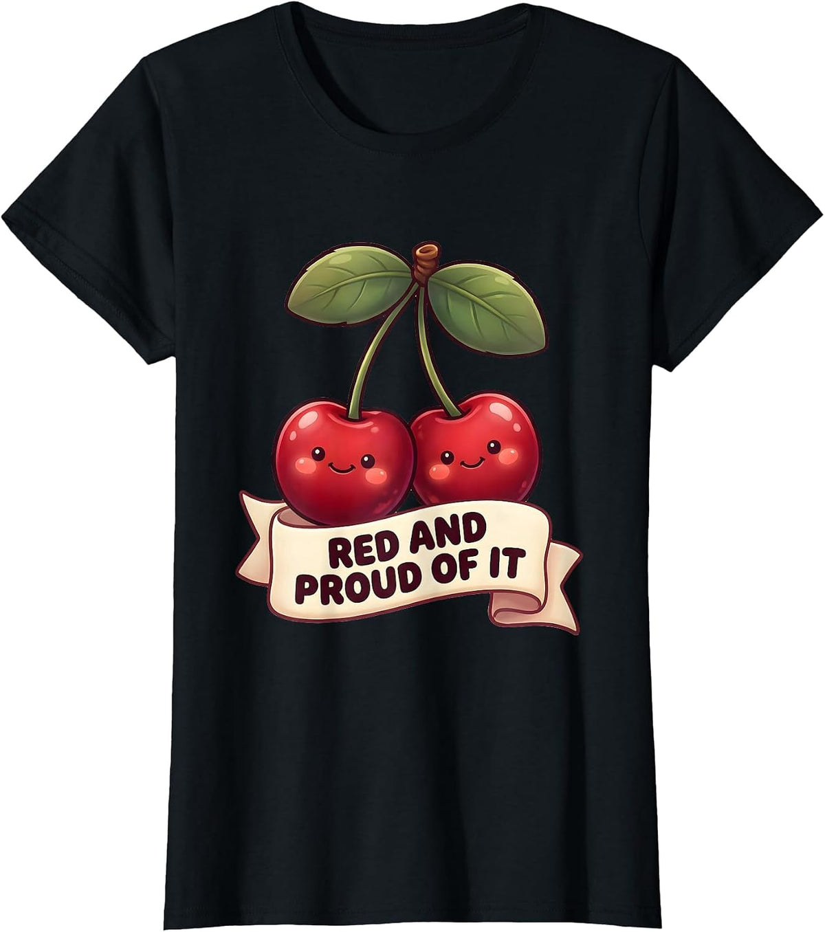 Women's Red and Proud of It Cherry Graphic Design T-Shirt - Black
