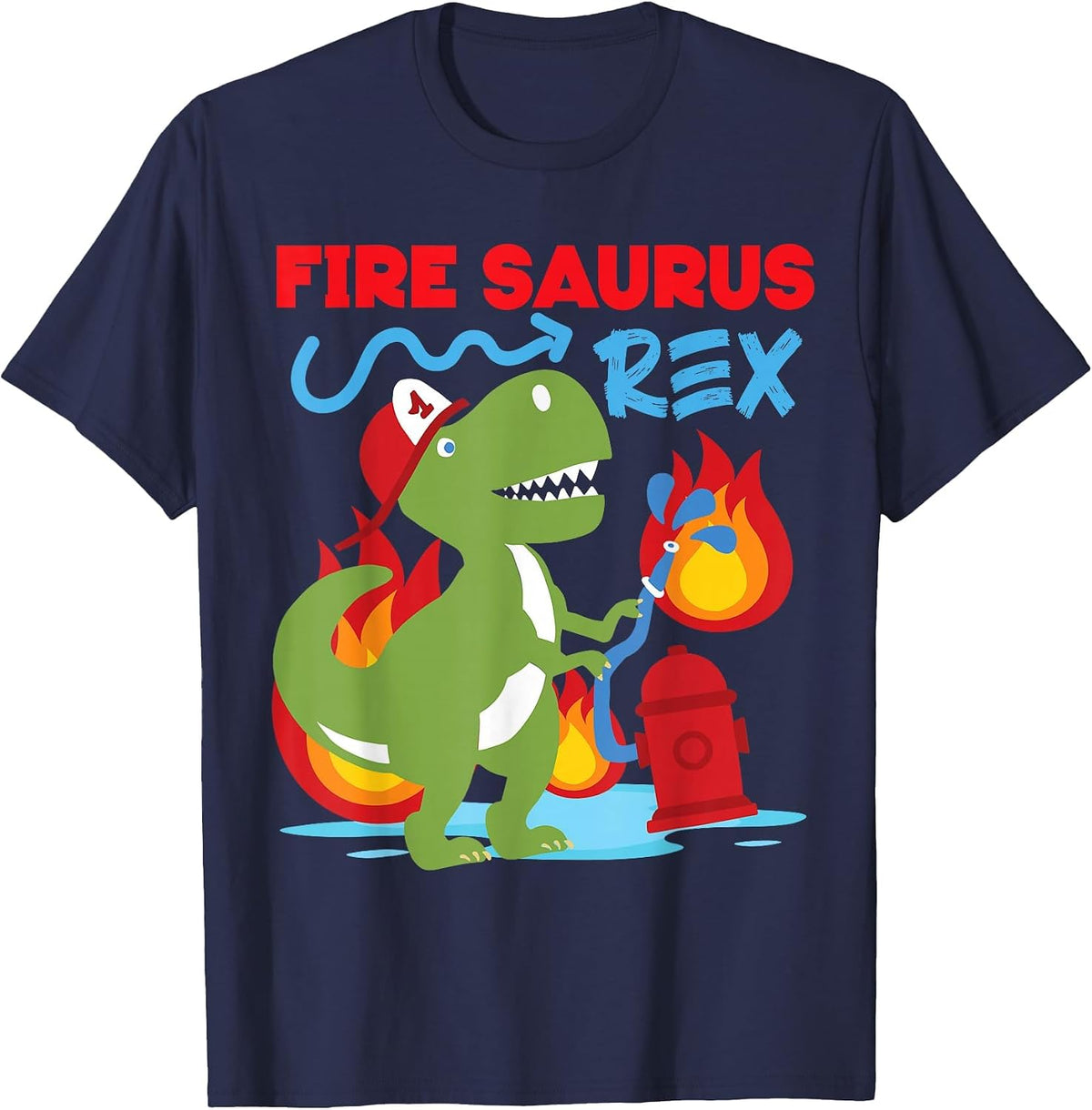 Fire Saurus Rex Firefighter Dinosaur T-Shirt - Navy Blue