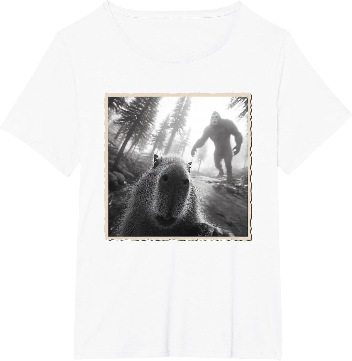 Capybara Scared Selfie with Bigfoot & Funny Sasquatch T-Shirt - White