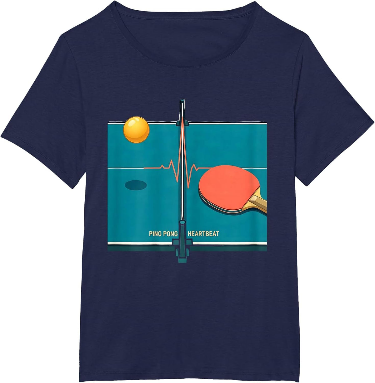 Women's Ping Pong Heartbeat Flat Vector Ping Pong Lover Humor T-Shirt - Navy Blue