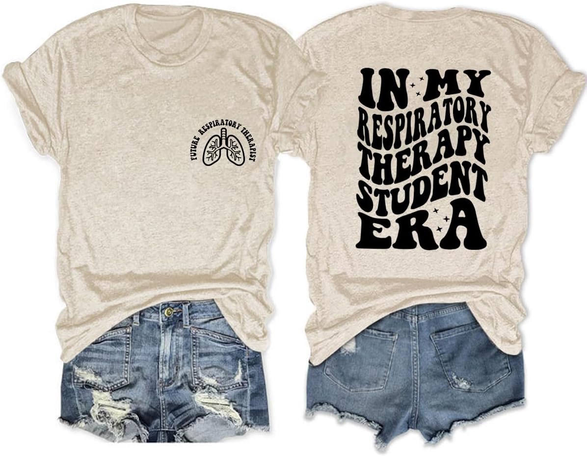 Women's Respiratory Therapy Student Shirt Future Respiratory Therapist T-Shirt Letter Print Back Front Graphic Tee - Beige