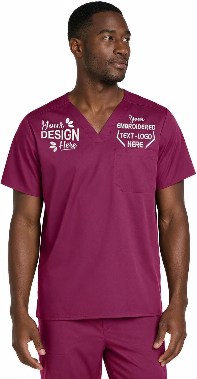 Custom Embroidered Men's V-Neck Scrub Top – Add Your Name, Logo & Design - Wine