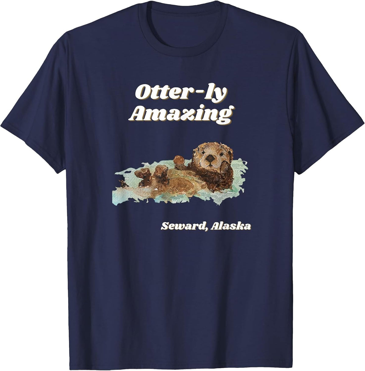 Otter-ly Amazing Seward, Alaska Playful Otter Graphic T-Shirt - Navy Blue