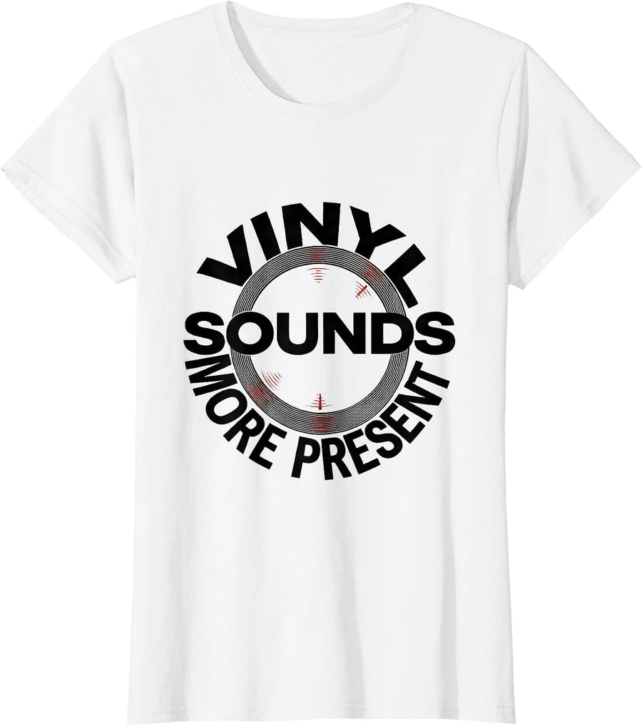 Women's Vinyl Sounds More Present Minimalist Retro Vinyl Record DJ T-Shirt - White