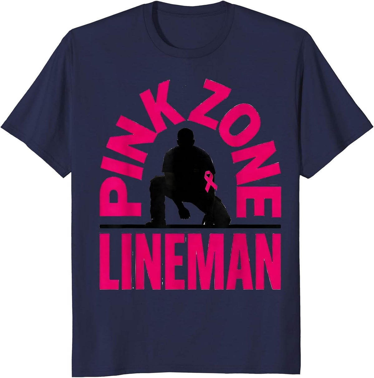 Men's Pink Zone Lineman Breast Cancer Awareness Football Pink Out T-Shirt - Navy Blue