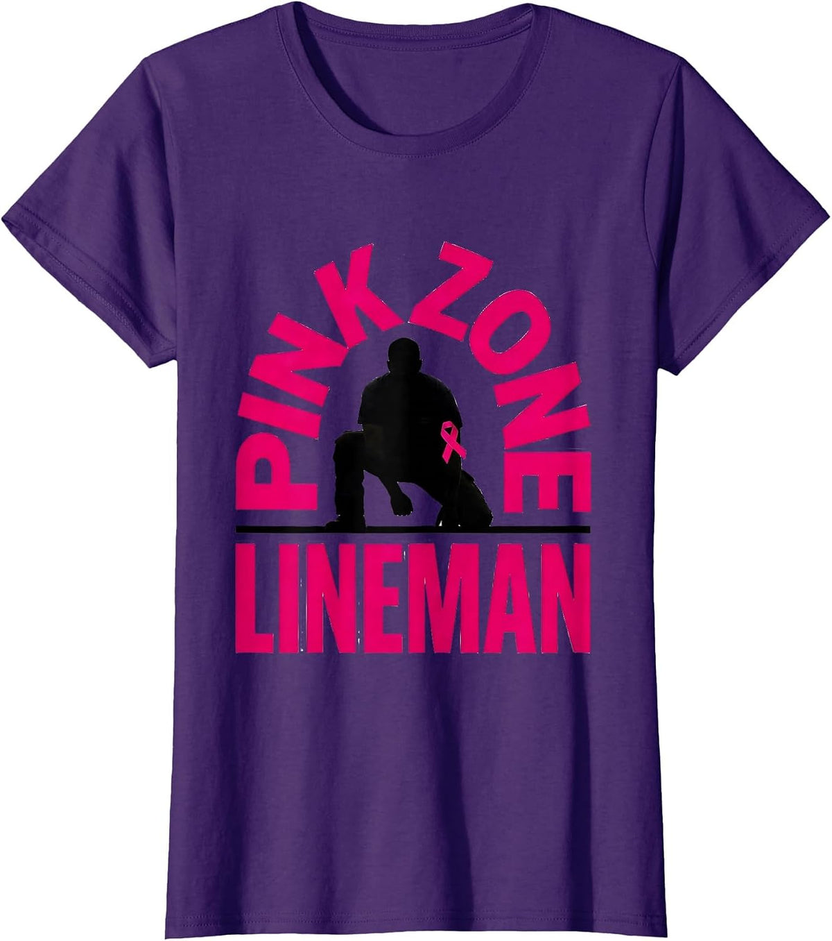Women's Pink Zone Lineman Breast Cancer Awareness Football Pink Out T-Shirt - Purple