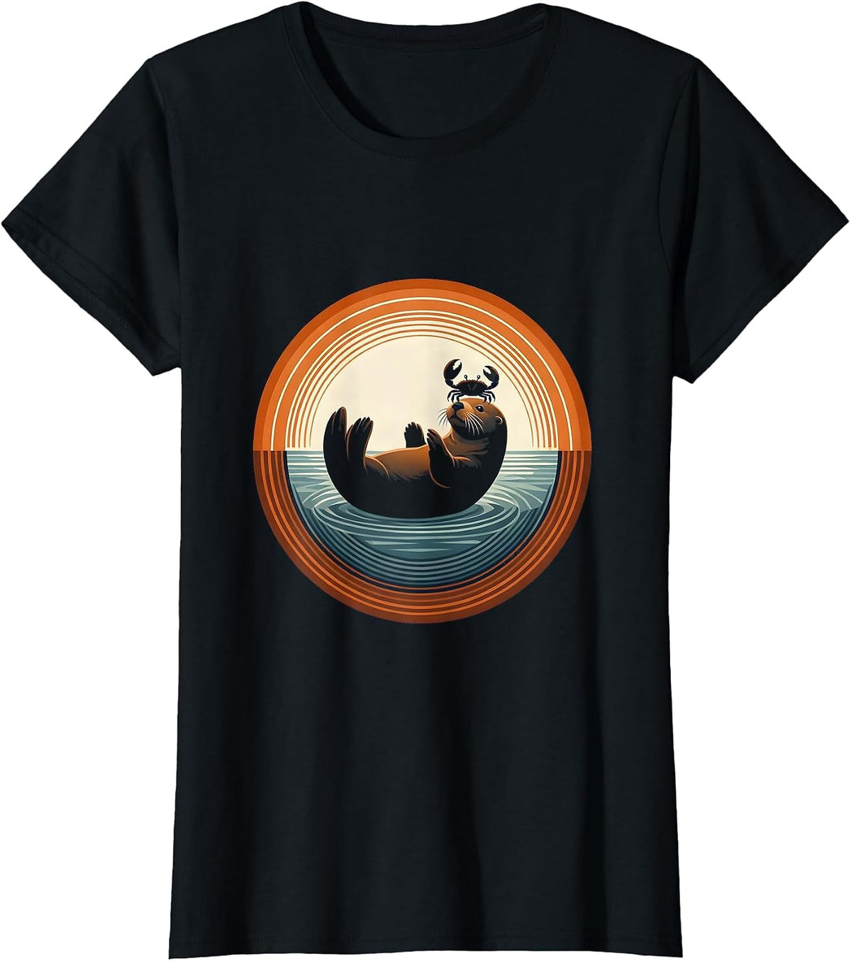 Women's Sea Otter Balancing Crab on Nose Illustration T-Shirt - Black
