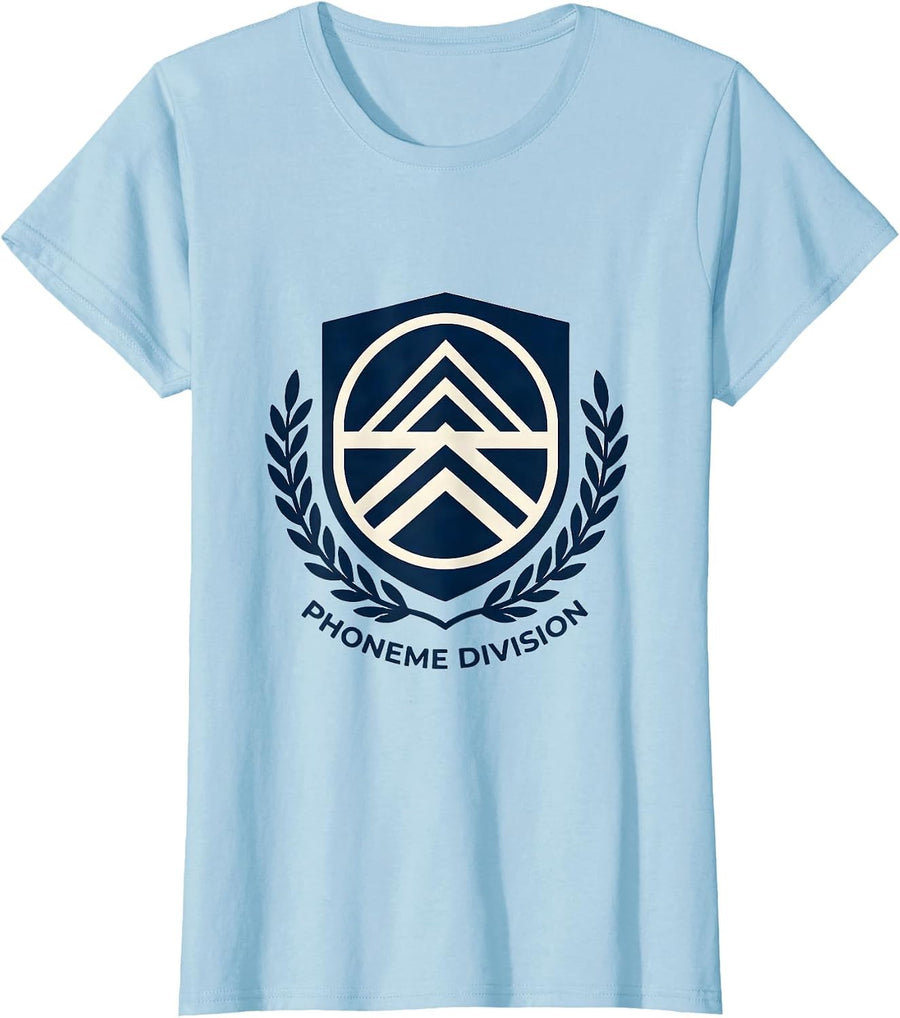 Women's Phoneme Division Dyslexia Teacher Emblem SPED Literacy T-Shirt - Baby Blue