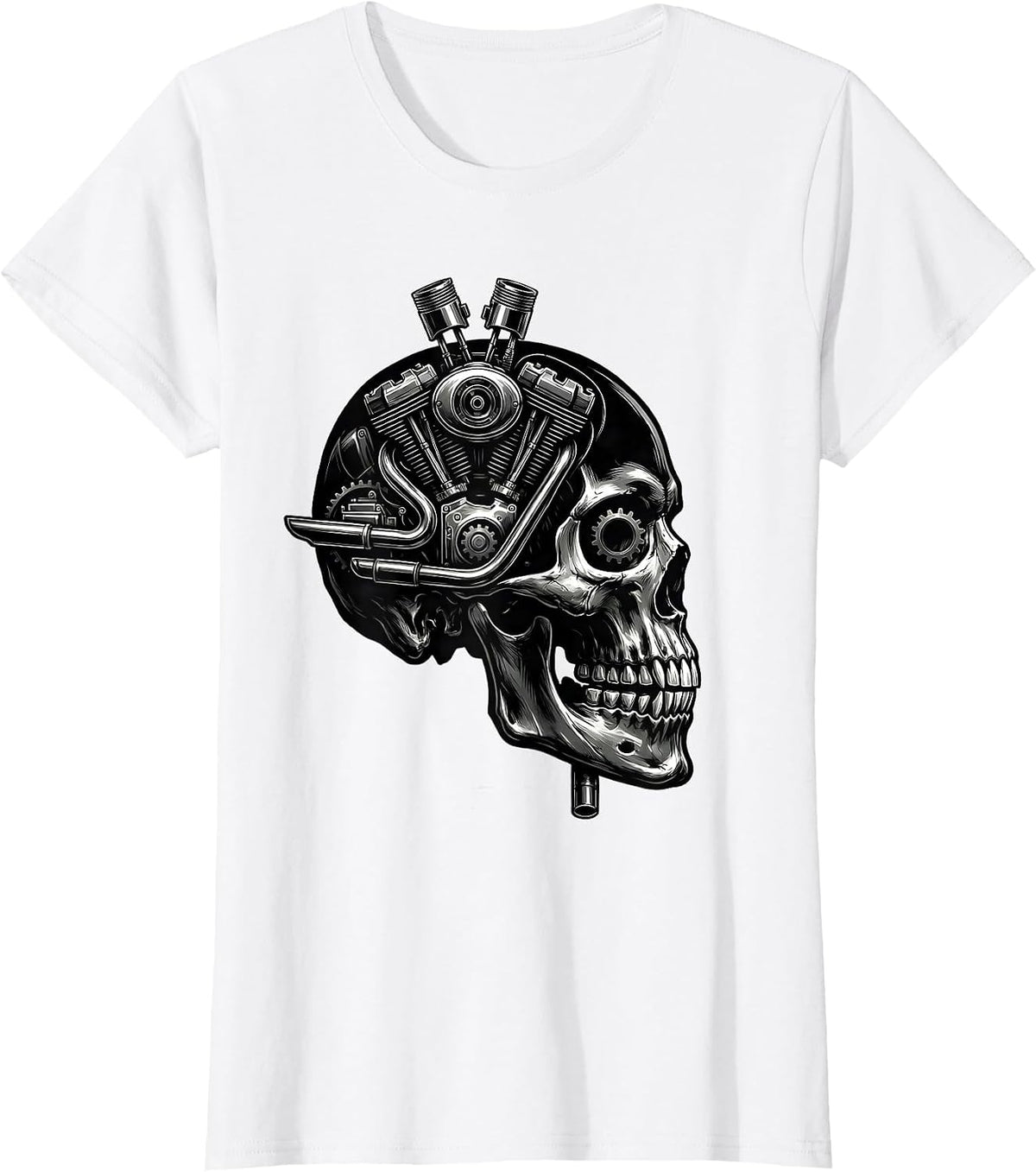 Skull Fused Vintage Motorcycle Engine Graphic T-Shirt - White