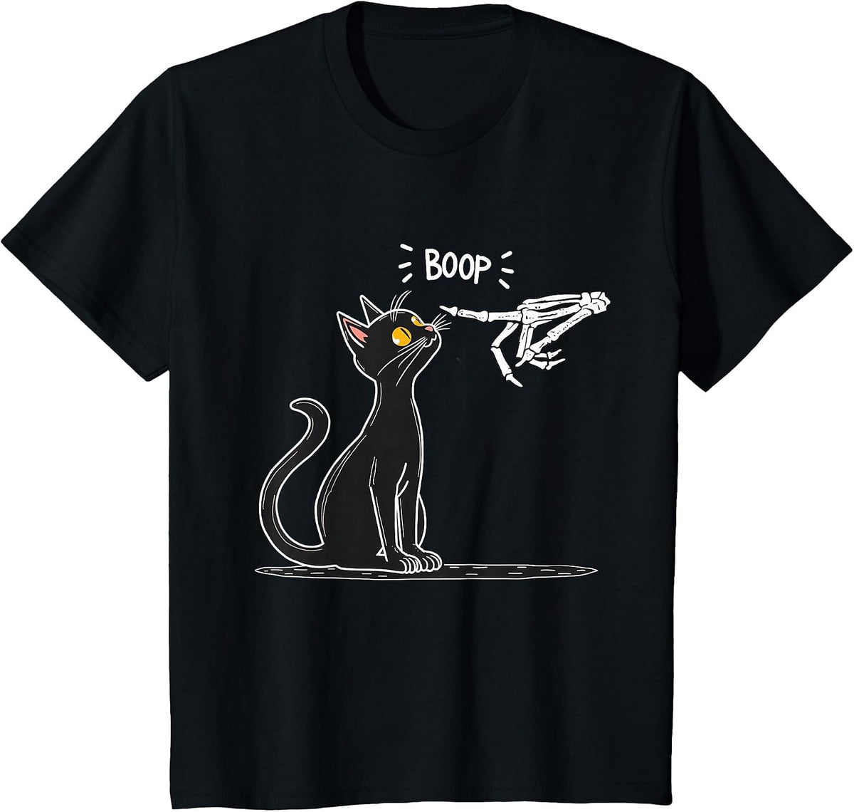 Black Cat Skeleton Hand Boop Halloween T-Shirt - Black