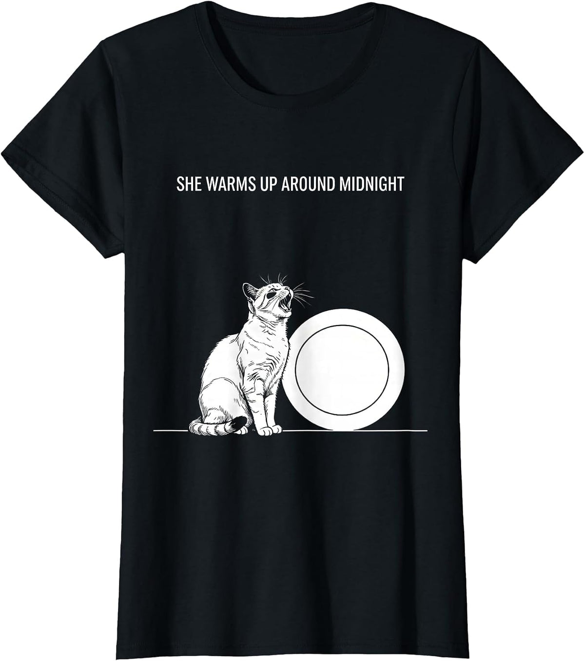 Women's She Warms Up Around Midnight Line Art Cat Howling at Moon T-Shirt - Black