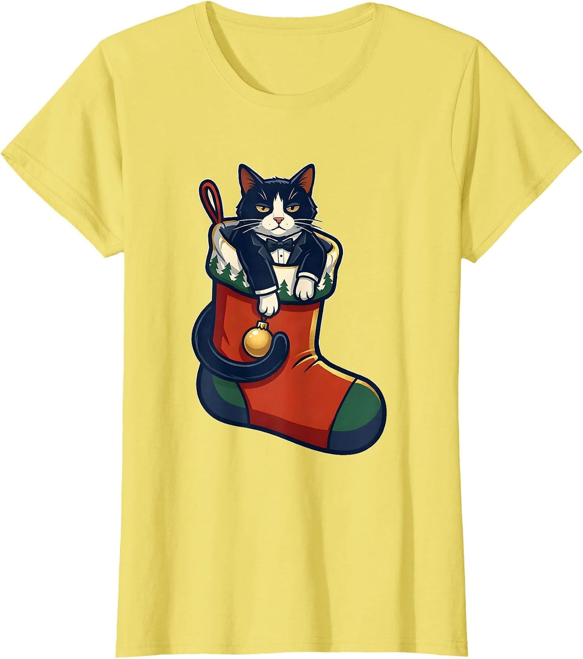 Women's Deadpan Tuxedo Cat Oversized Christmas Stocking Holiday T-Shirt - Lemon Yellow