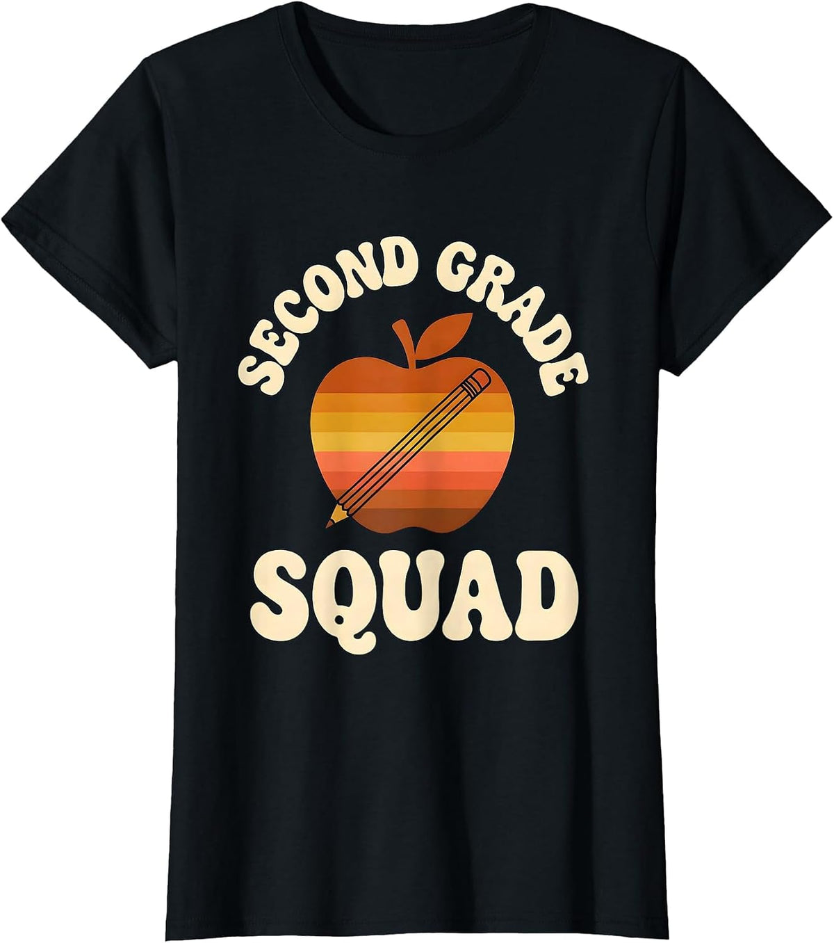 Second Grade Squad Retro Teacher Pencil Apple Back To School T-Shirt - Black