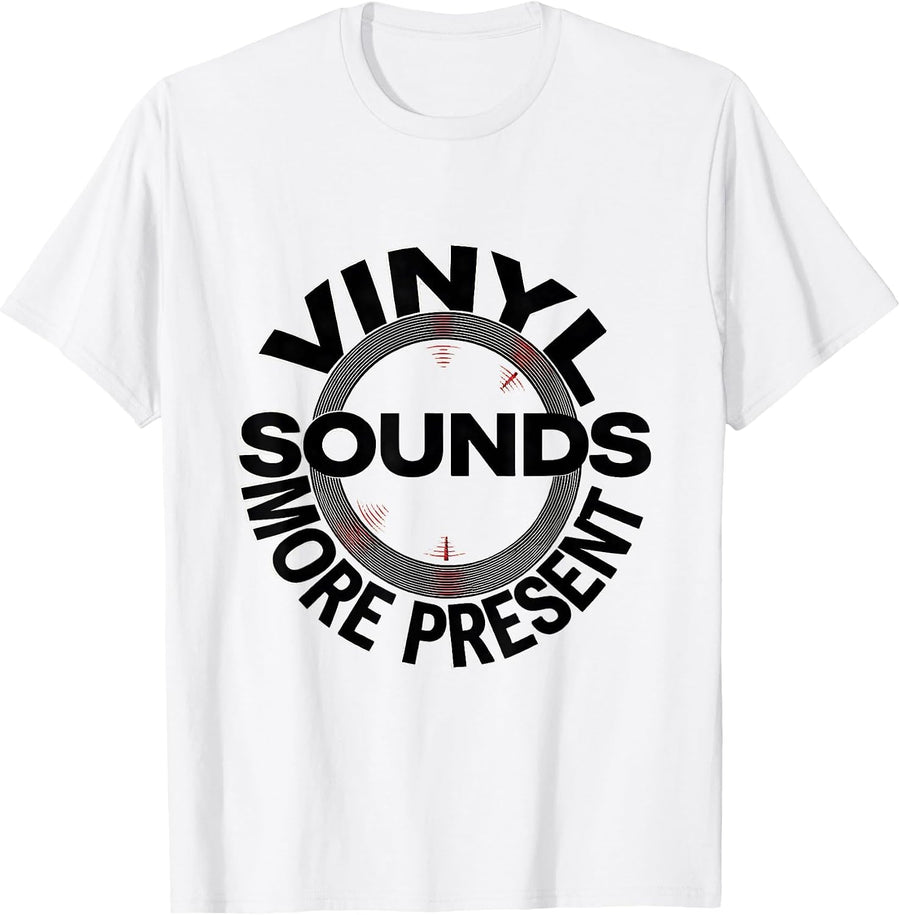 Men's Vinyl Sounds More Present Minimalist Retro Vinyl Record DJ T-Shirt - White