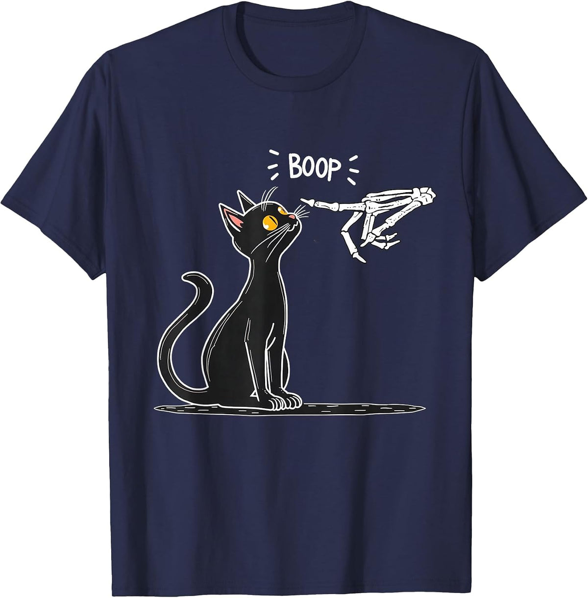 Black Cat Skeleton Hand Boop Halloween T-Shirt - Navy Blue