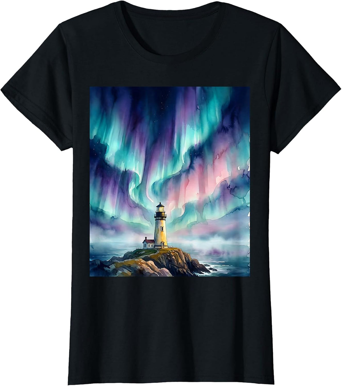 Women's Autism Awareness Lighthouse Aurora Borealis Design T-Shirt - Black