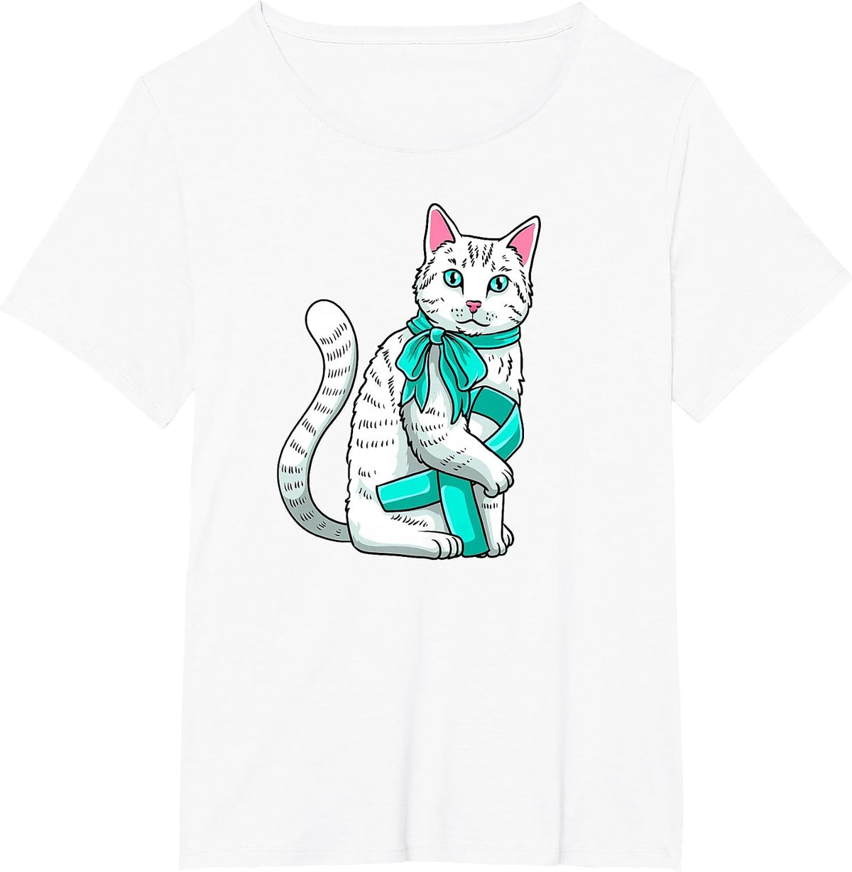 Tourette’s Awareness Cute Cat Teal Ribbon Support T-Shirt - White