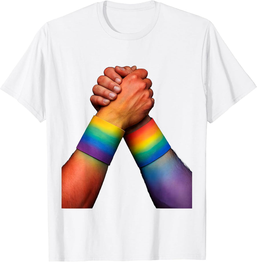Rainbow Wristband Clasped Hands Pride Graphic T-Shirt - White