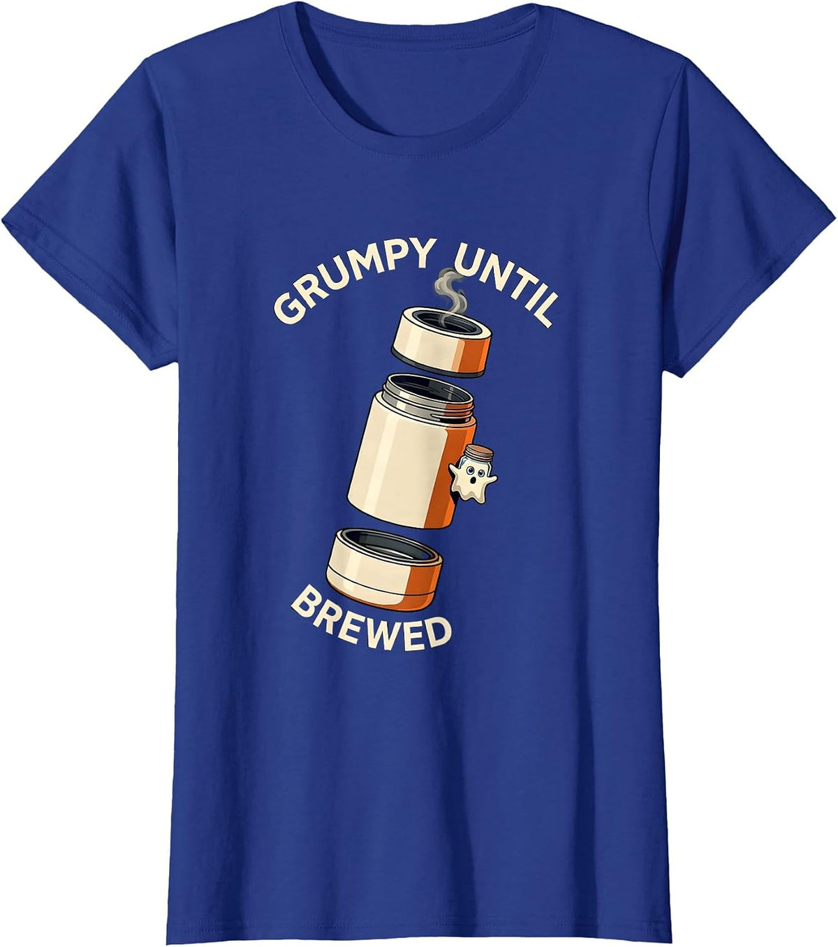 Women's Grumpy Until Brewed Funny Halloween Ghost Coffee Lover T-Shirt - Royal Blue
