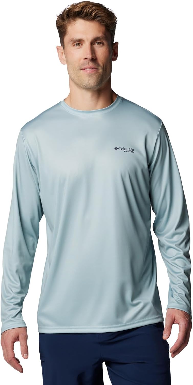 Columbia Men's Terminal Tackle PFG Fish Flag Long Sleeve, Crushed Blue/Faded Peach Trout + Flies, Small - As Pictured