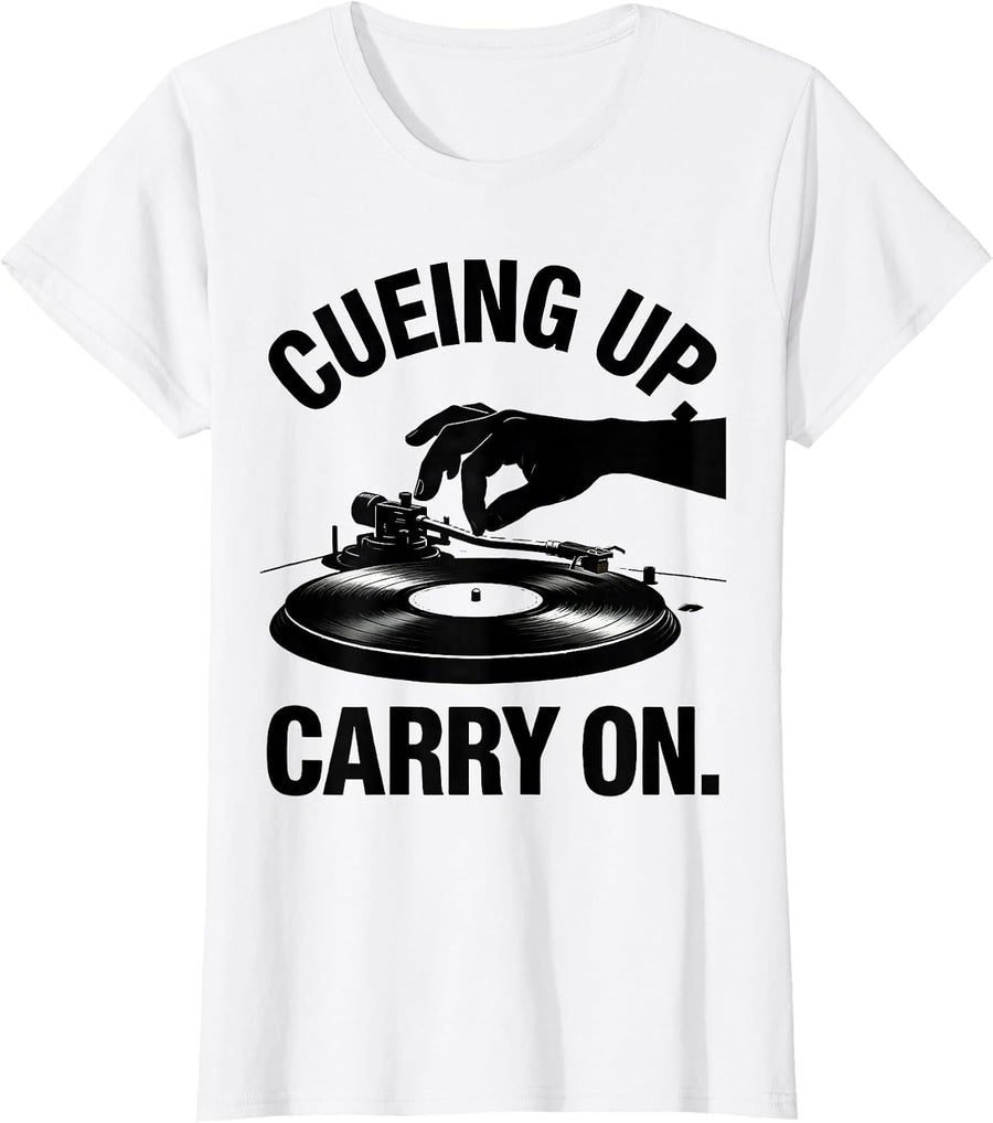 Women's Cueing Up Carry On Vinyl Record Collector Turntable T-Shirt - White