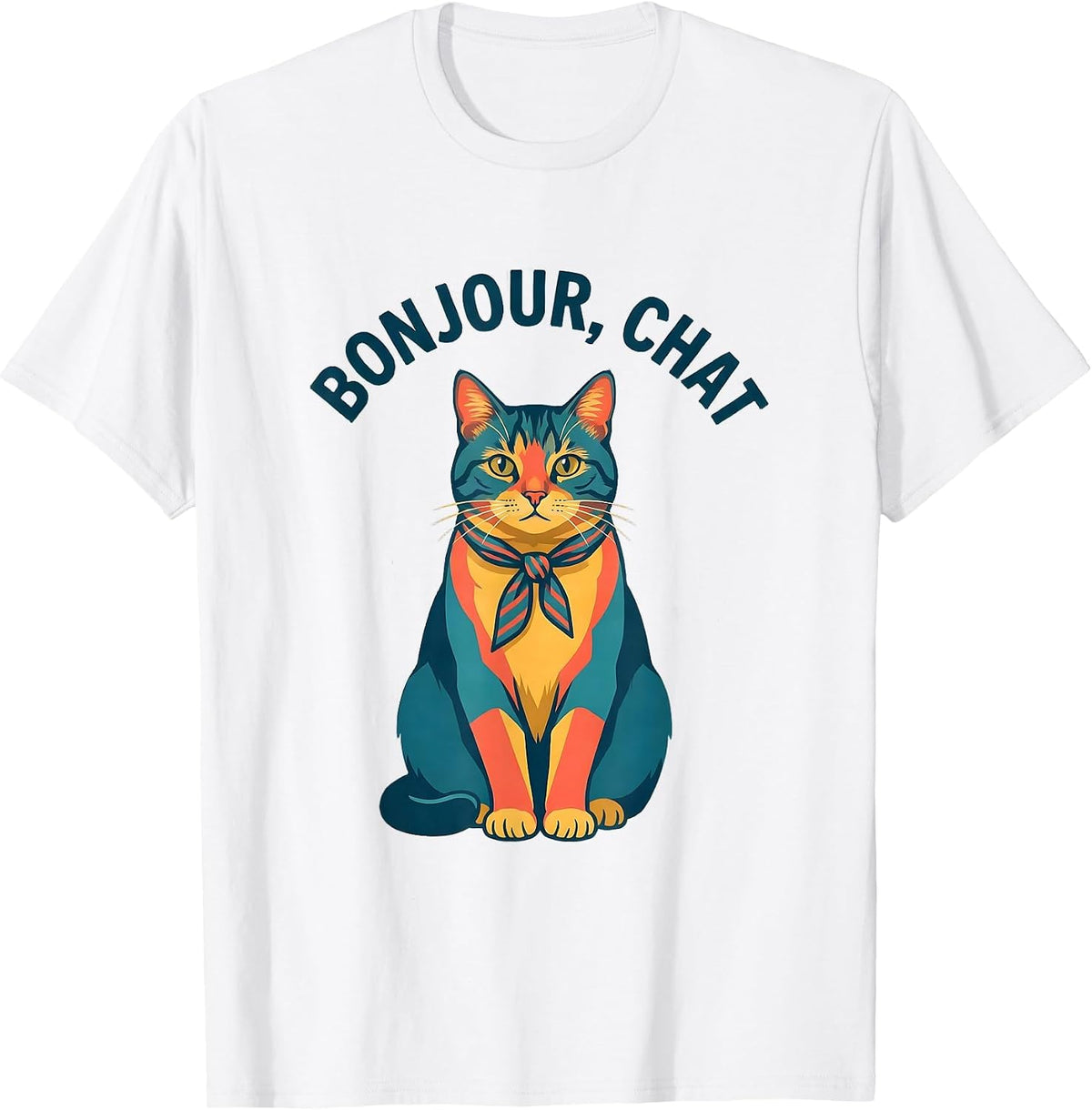 Men's Bonjour, Chat Funny Francophile Cat Owner French Teacher T-Shirt - White