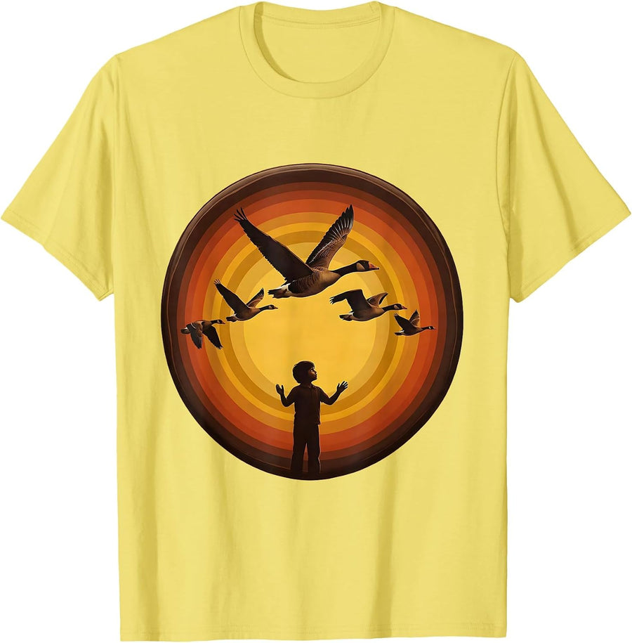 Men's Fall Boys Child Watching Geese Fly V Formation T-Shirt - Lemon Yellow