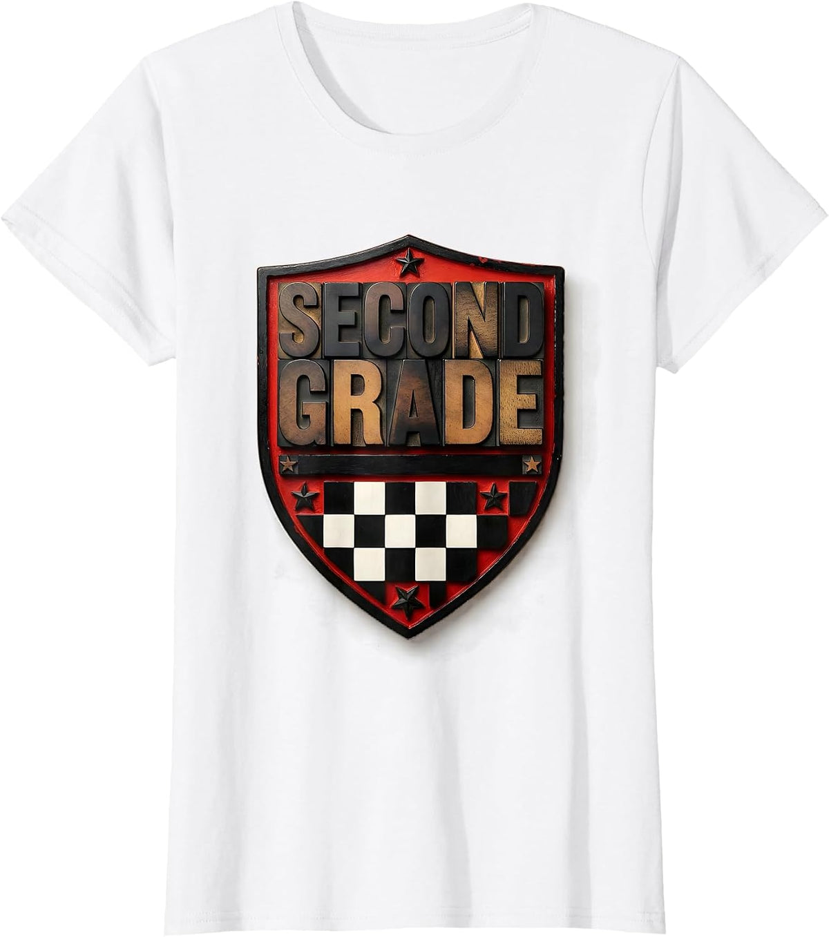 Second Grade Wood Type Letterpress Retro Checkered Back T-Shirt - White